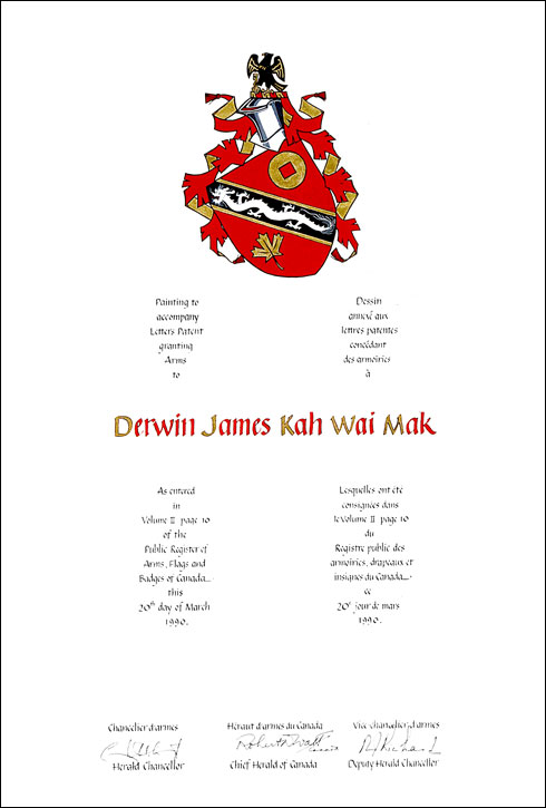 Lettres patentes concédant des emblèmes héraldiques à Derwin James Kah Wai Mak