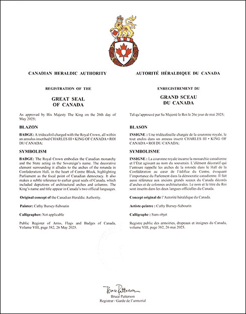 Lettres patentes enregistrant le Grand Sceau du Canada