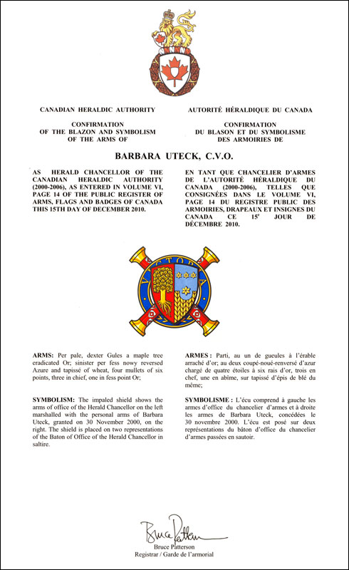 Lettres patentes confirmant les armoiries parties d’office de Barbara Uteck en tant que chancelier d'armes