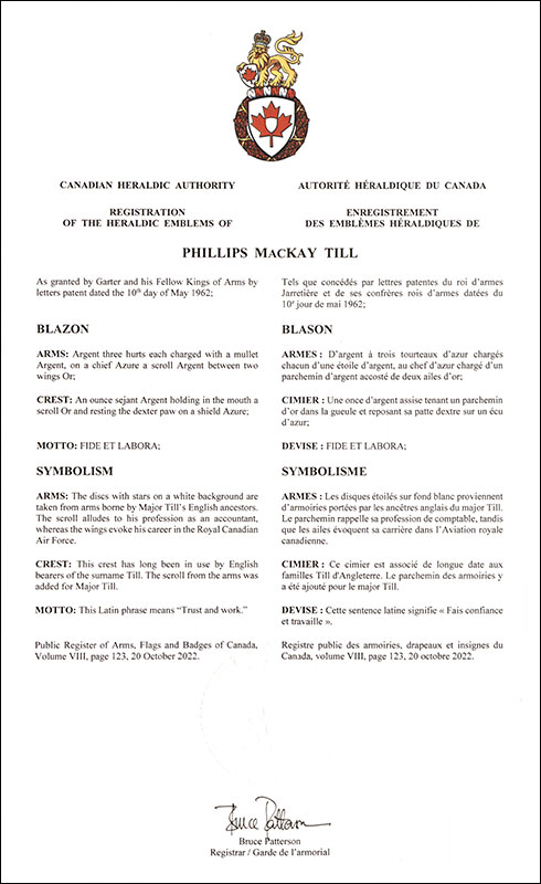 Lettres patentes enregistrant les emblèmes héraldiques de Phillips MacKay Till