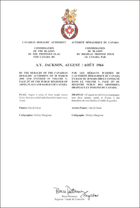 Letters patent confirming the blazon of the proposed flag: A.Y. Jackson, 1964