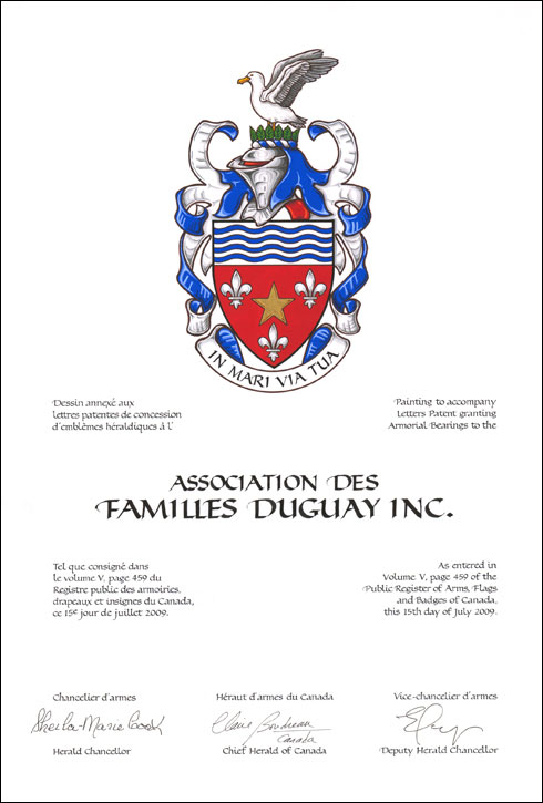 Lettres patentes concédant des emblèmes héraldiques à l'Association des familles Duguay Inc.