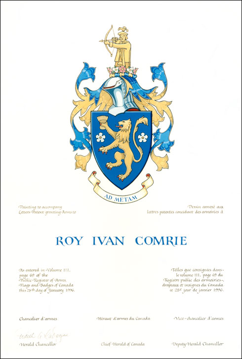 Lettres patentes concédant des emblèmes héraldiques à Roy Ivan Comrie