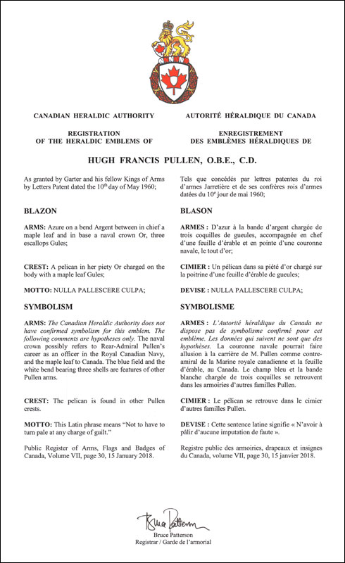 Letters patent registering the heraldic emblems of Hugh Francis Pullen