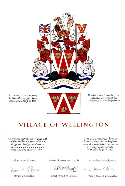 Letters patent granting heraldic emblems to the Village of Wellington