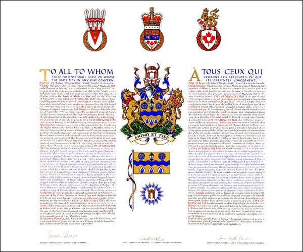 Letters patent granting heraldic emblems to the City of Medicine Hat