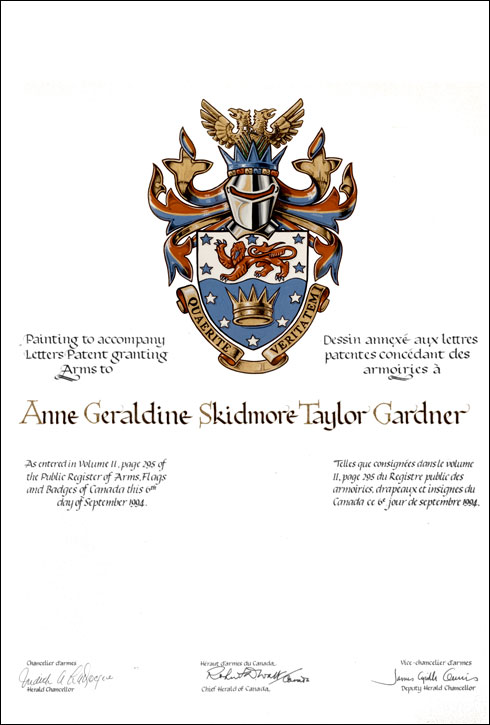 Lettres patentes concédant des emblèmes héraldiques à Anne Geraldine Skidmore Taylor Gardner