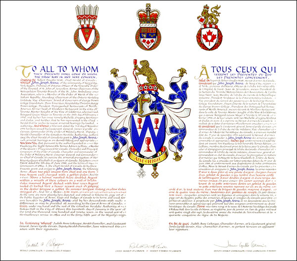 Letters patent granting heraldic emblems to John Joseph Arena