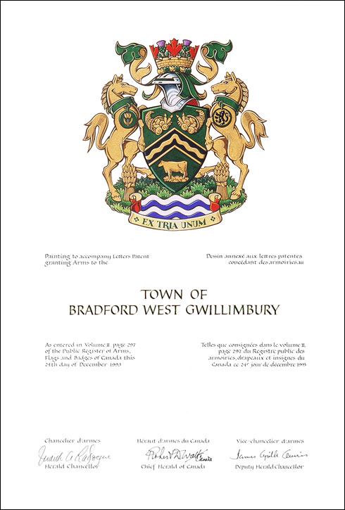 Letters patent granting heraldic emblems to the Town of Bradford West Gwillimbury