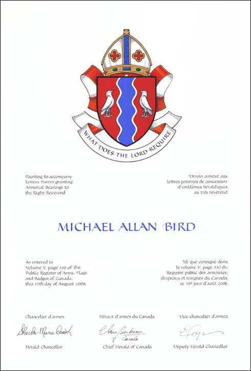 Letters patent granting heraldic emblems to Michael Allan Bird