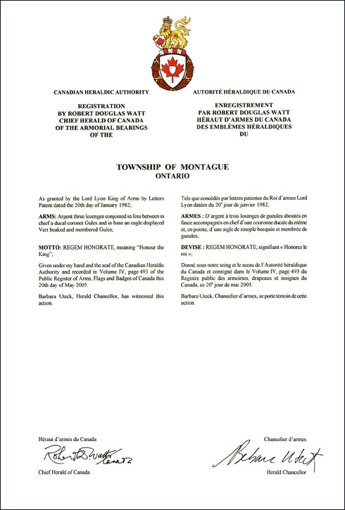 Letters patent registering the Armoirial Bearings of the Township of Montague