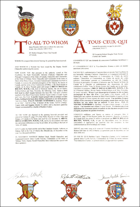 Letters patent granting heraldic emblems to Bruce Douglas Bolton