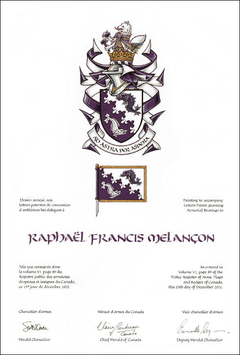Lettres patentes concédant des emblèmes héraldiques à Raphaël Francis Melançon