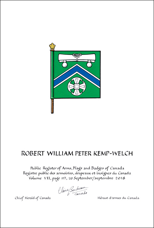 Letters patent granting heraldic emblems to Robert William Peter Kemp-Welch