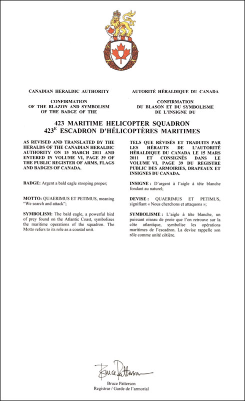 Lettres patentes confirmant le blasonnement de l'insigne du 423e Escadron d'hélicoptères maritimes