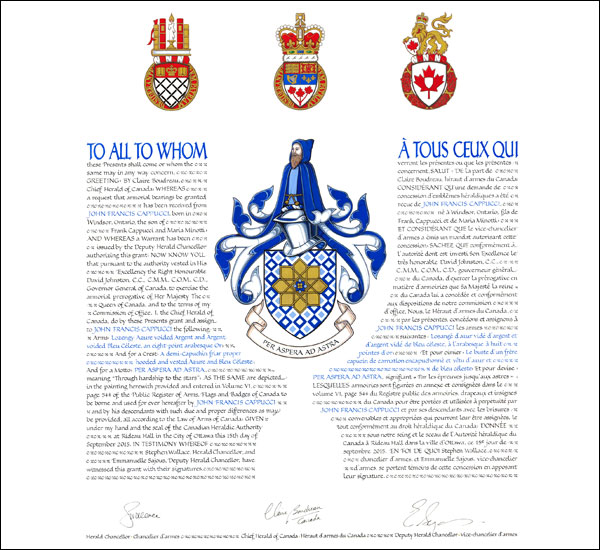 Lettres patentes concédant des emblèmes héraldiques à John Francis Cappucci