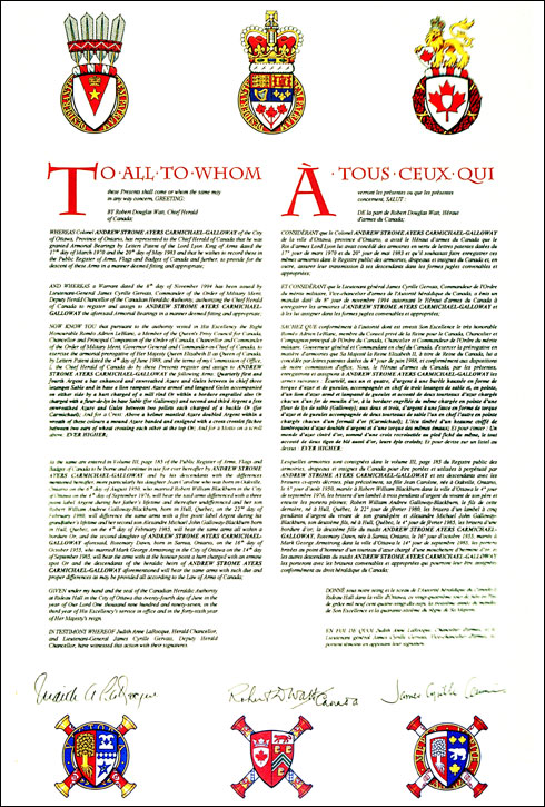Lettres patentes concédant des armoiries brisées aux descendants d' Andrew Strome Ayers Carmichael-Galloway