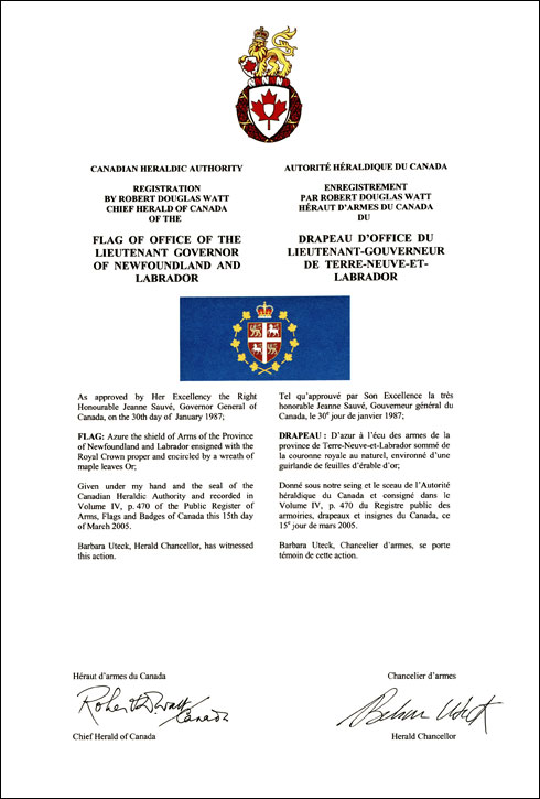 Lettres patentes enregistrant les emblèmes héraldiques du Lieutenant-gouverneur de Terre-Neuve-et-Labrador