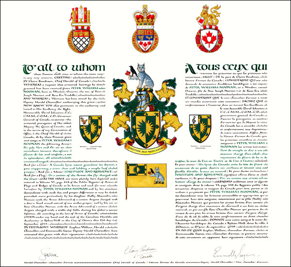 Letters patent granting heraldic emblems to Peter William Noonan
