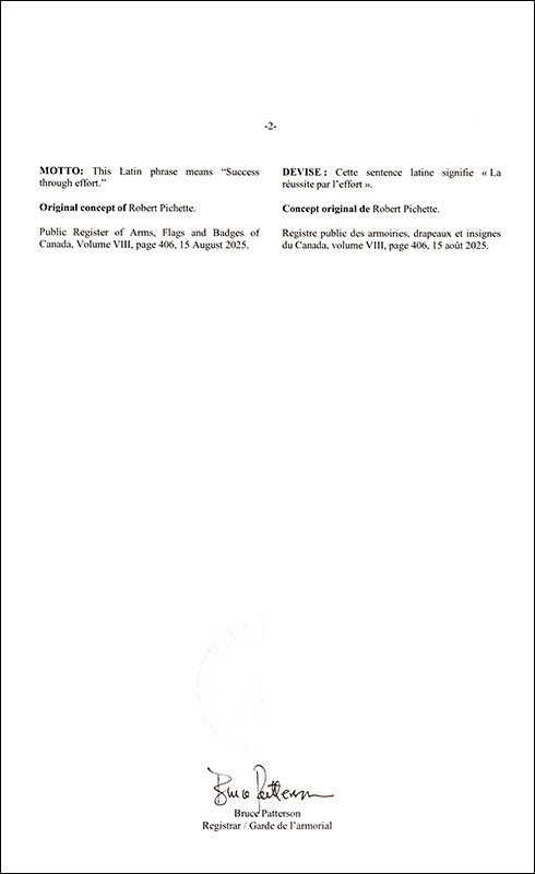 Letters patent registering the heraldic emblems of the Town of Oromocto