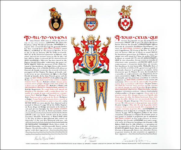 Letters patent granting heraldic emblems to Red Deer County