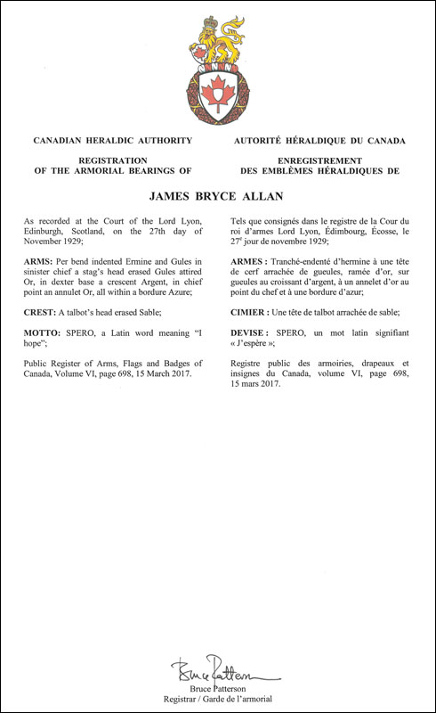Lettres patentes enregistrant les emblèmes héraldiques de James Bryce Allan
