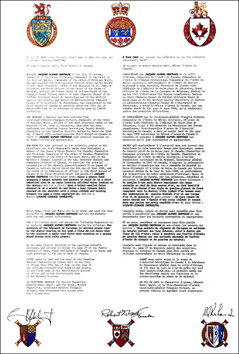 Letters patent granting heraldic emblems to Jacques Alfred Dextraze