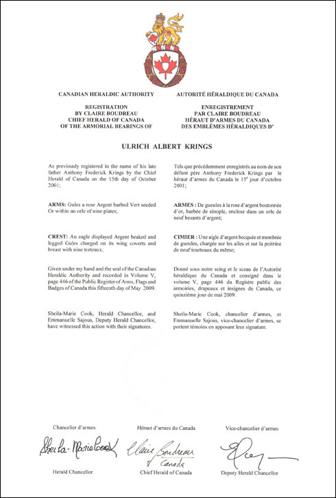 Lettres patentes enregistrant les emblèmes héraldiques d'Ulrich Albert Krings