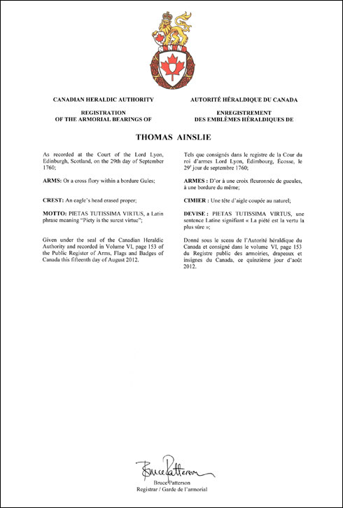 Lettres patentes enregistrant les emblèmes héraldiques de Thomas Ainslie