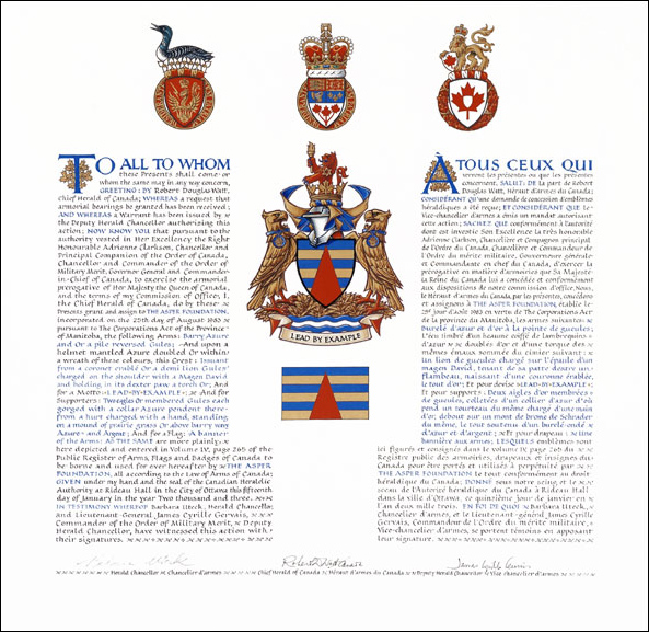 Letters patent granting heraldic emblems to The Asper Foundation