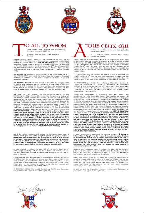 Letters patent registering the heraldic emblems of the City of Belleville