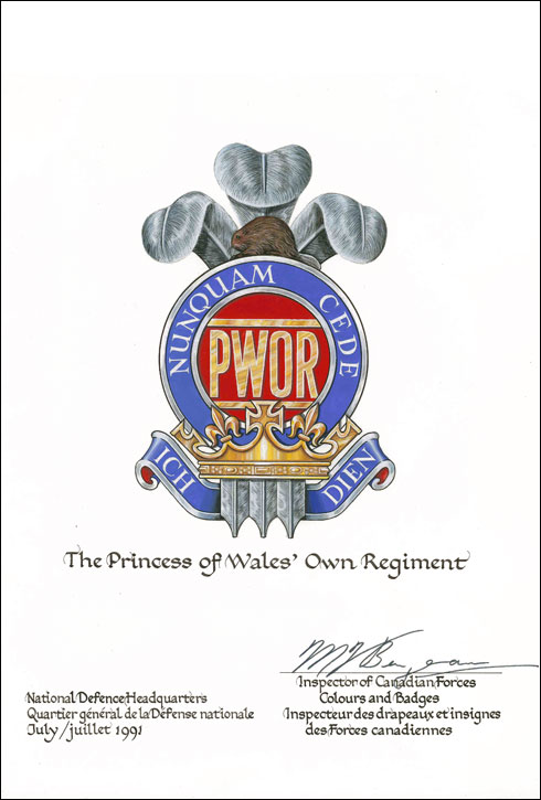 Lettres patentes confirmant le blasonnement de l'insigne de The Princess of Wales’ Own Regiment