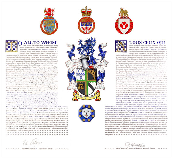 Letters patent granting heraldic emblems to Ronald Samuel Stuart
