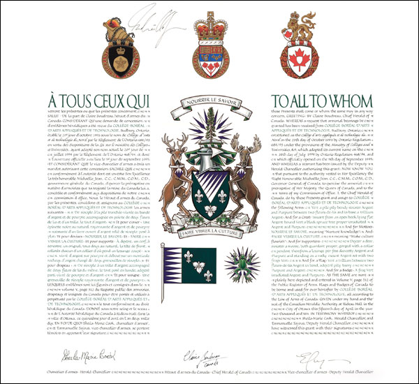 Letters patent granting heraldic emblems to Collège Boréal d'arts appliqués et de technologie