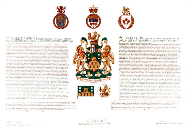 Letters patent granting heraldic emblems to The Corporation of the Town of Markham