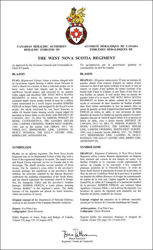 Letters patent approving the heraldic emblems of The West Nova Scotia Regiment