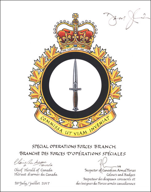 Lettres patentes approuvant l’insigne de la Branche des Forces d’opérations spéciales