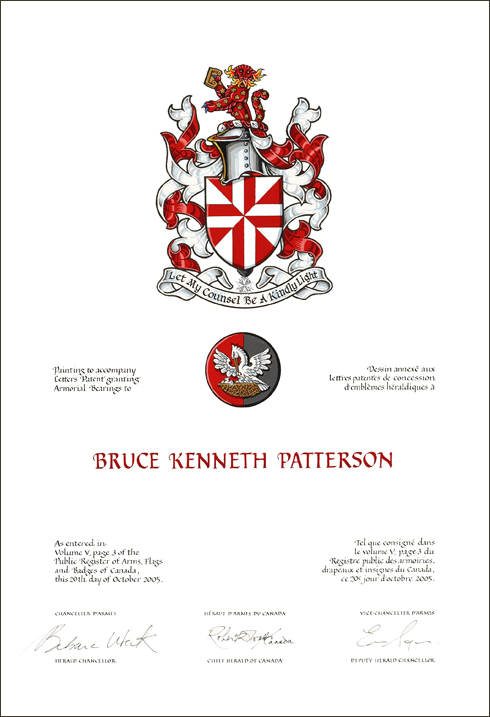 Lettres patentes concédant des emblèmes héraldiques à Bruce Kenneth Patterson