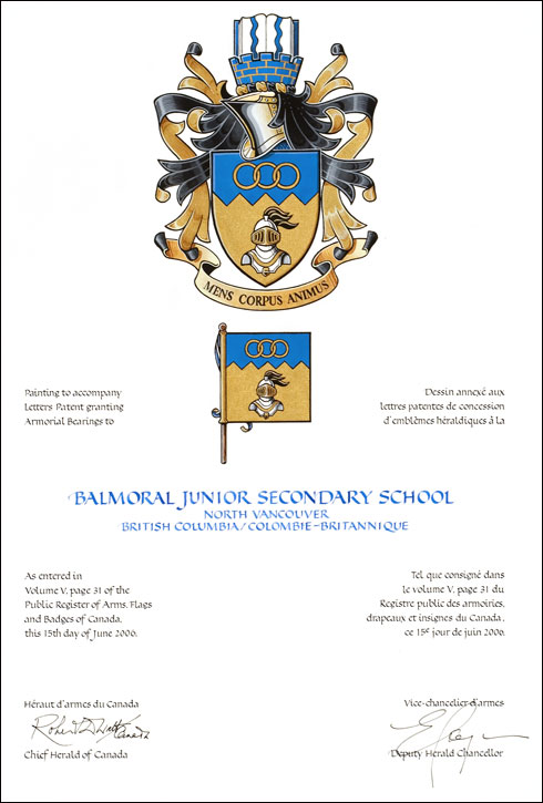 Lettres patentes concédant des emblèmes héraldiques à la Balmoral Junior Secondary School