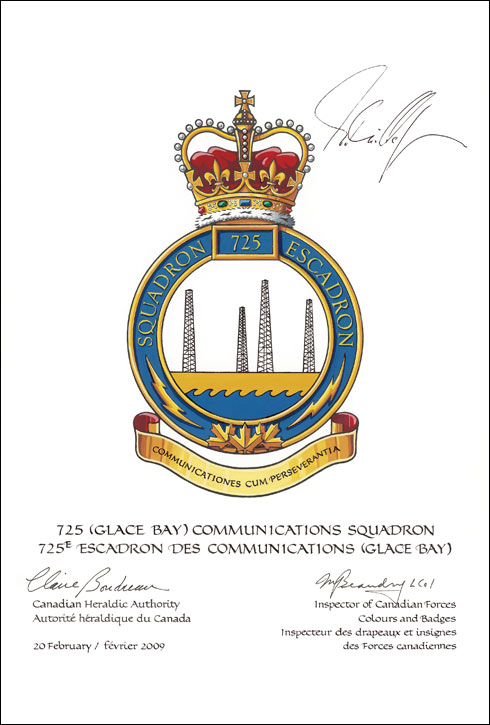 Lettres patentes approuvant l'insigne du 725e Escadron de communications (Glace Bay)