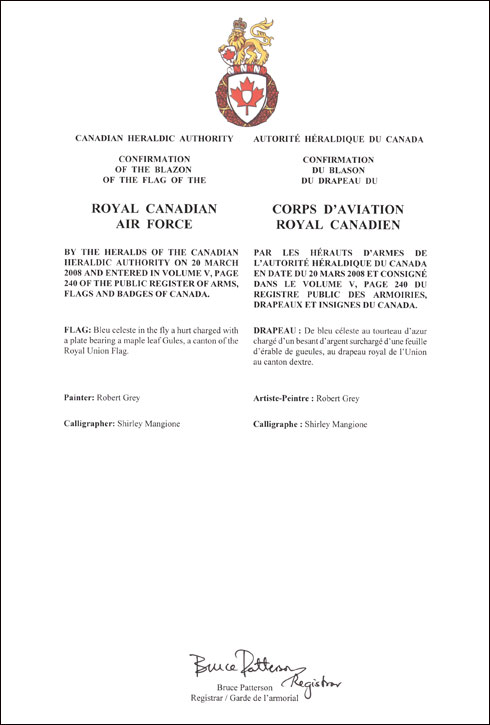 Lettres patentes confirmant le blasonnement du drapeau du Corps d’aviation royal canadien