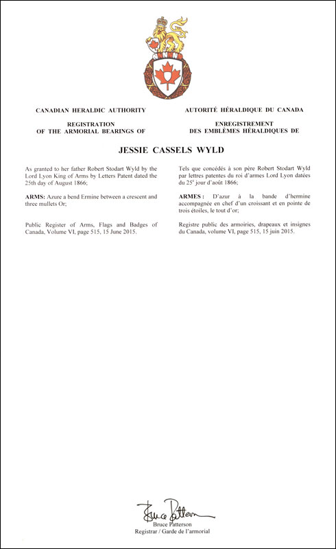 Lettres patentes enregistrant les emblèmes héraldiques de Jessie Cassels Wyld
