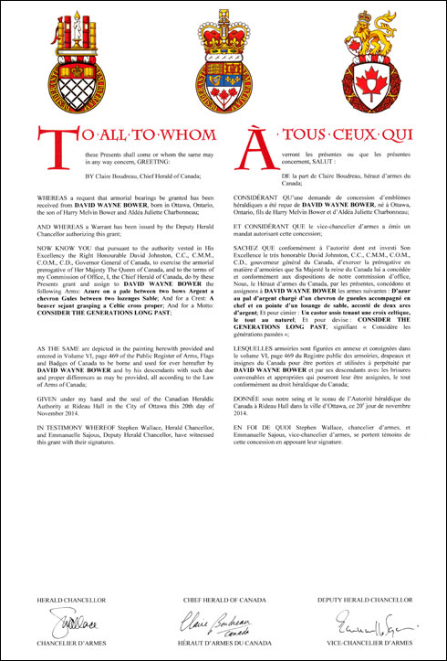 Lettres patentes concédant des emblèmes héraldiques à David Wayne Bower