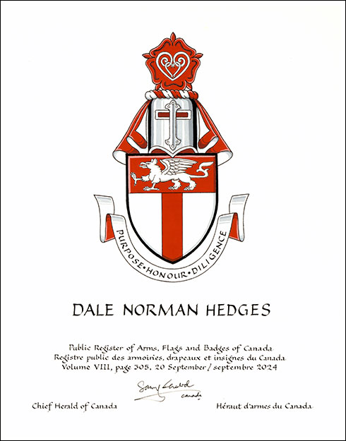 Lettres patentes concédant des emblèmes héraldiques à Dale Norman Hedges