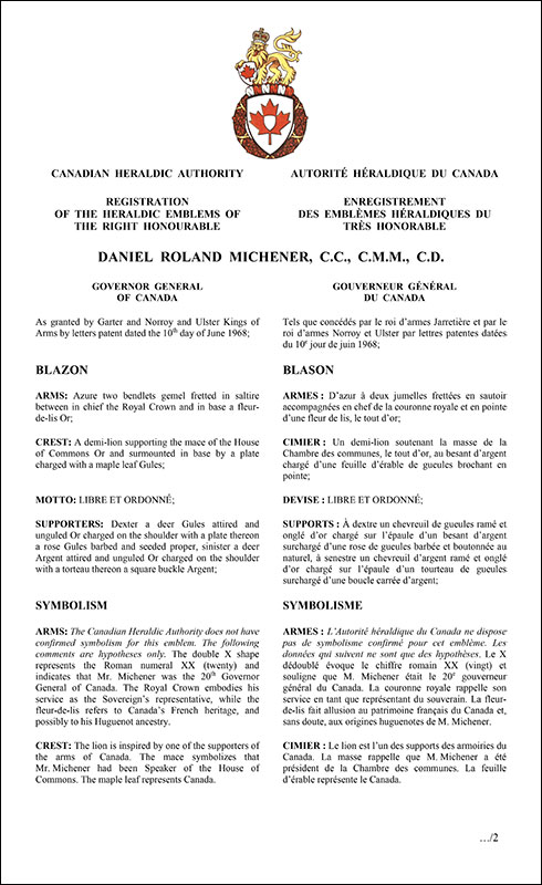 Lettres patentes enregistrant les emblèmes héraldiques de Daniel Roland Michener