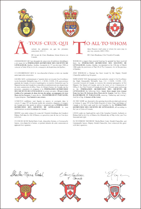 Letters patent granting heraldic emblems to the Fédération québécoise des sociétés de généalogie