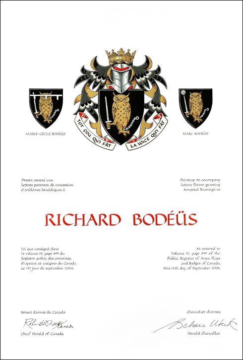 Letters patent granting heraldic emblems to Richard Bodéüs
