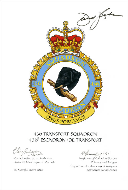 Lettres patentes confirmant le blasonnement de l'insigne du 436e Escadron de transport
