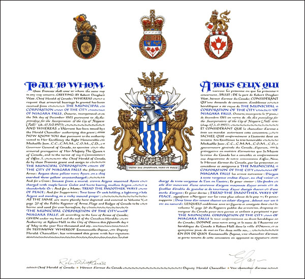 Lettres patentes de concession d'emblèmes héraldiques à The Municipal Corporation of the City of Niagara Falls
