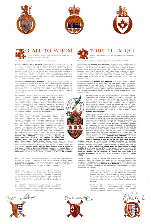 Lettres patentes enregistrant les emblèmes héraldiques de Murdoch Neil Matheson